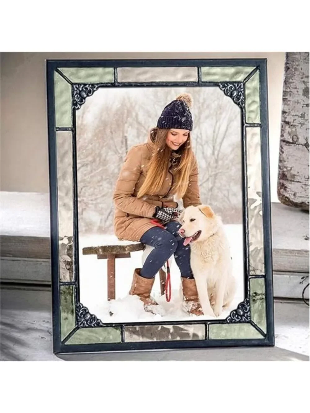 Vintage Green Stained Glass Picture Frame 5x7 Tabletop Photo Display Decor